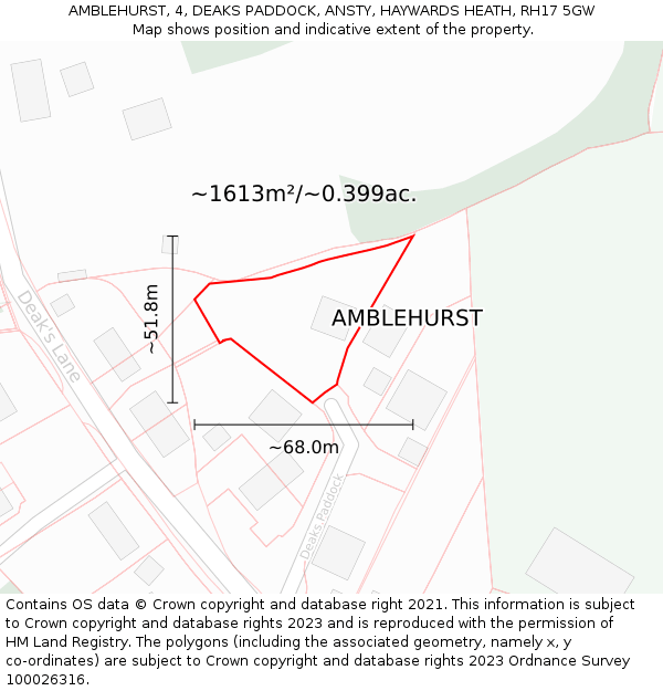 AMBLEHURST, 4, DEAKS PADDOCK, ANSTY, HAYWARDS HEATH, RH17 5GW: Plot and title map