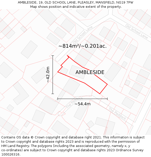 AMBLESIDE, 19, OLD SCHOOL LANE, PLEASLEY, MANSFIELD, NG19 7PW: Plot and title map