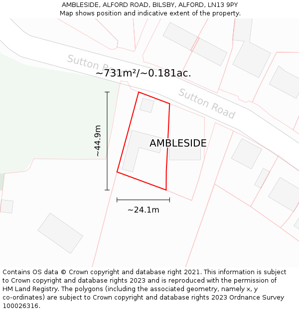 AMBLESIDE, ALFORD ROAD, BILSBY, ALFORD, LN13 9PY: Plot and title map