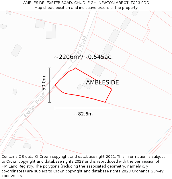 AMBLESIDE, EXETER ROAD, CHUDLEIGH, NEWTON ABBOT, TQ13 0DD: Plot and title map