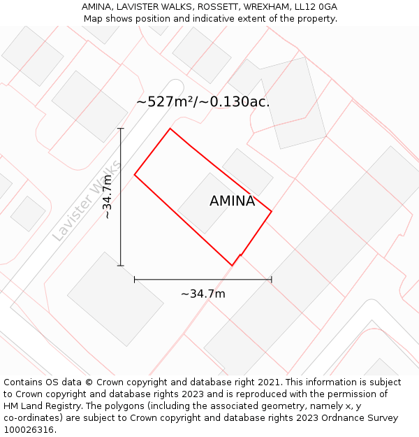 AMINA, LAVISTER WALKS, ROSSETT, WREXHAM, LL12 0GA: Plot and title map