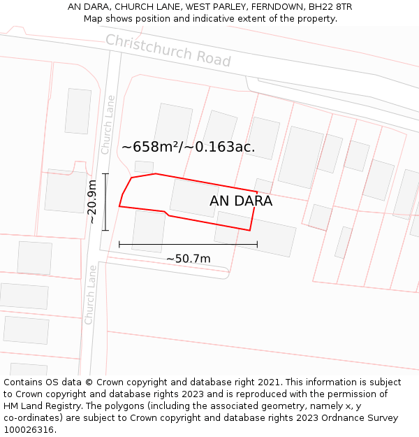 AN DARA, CHURCH LANE, WEST PARLEY, FERNDOWN, BH22 8TR: Plot and title map