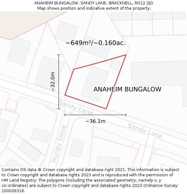 ANAHEIM BUNGALOW, SANDY LANE, BRACKNELL, RG12 2JG: Plot and title map