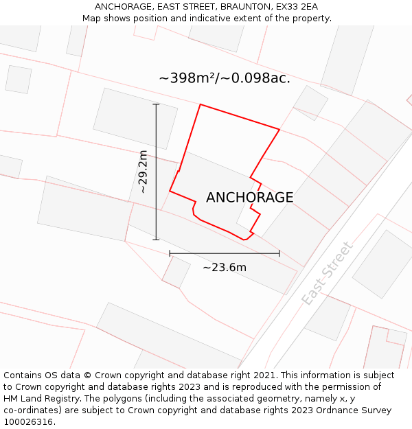 ANCHORAGE, EAST STREET, BRAUNTON, EX33 2EA: Plot and title map