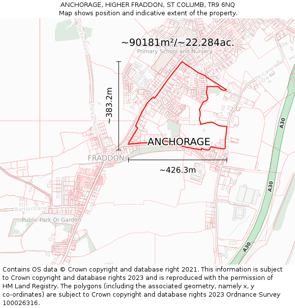 ANCHORAGE, HIGHER FRADDON, ST COLUMB, TR9 6NQ: Plot and title map