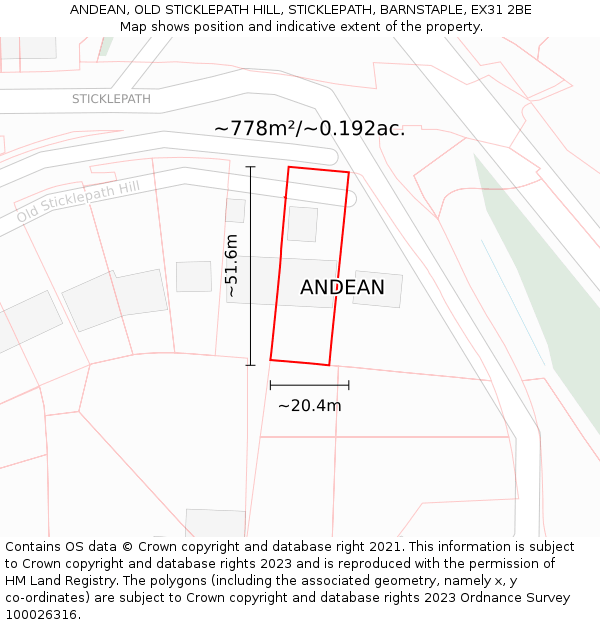 ANDEAN, OLD STICKLEPATH HILL, STICKLEPATH, BARNSTAPLE, EX31 2BE: Plot and title map