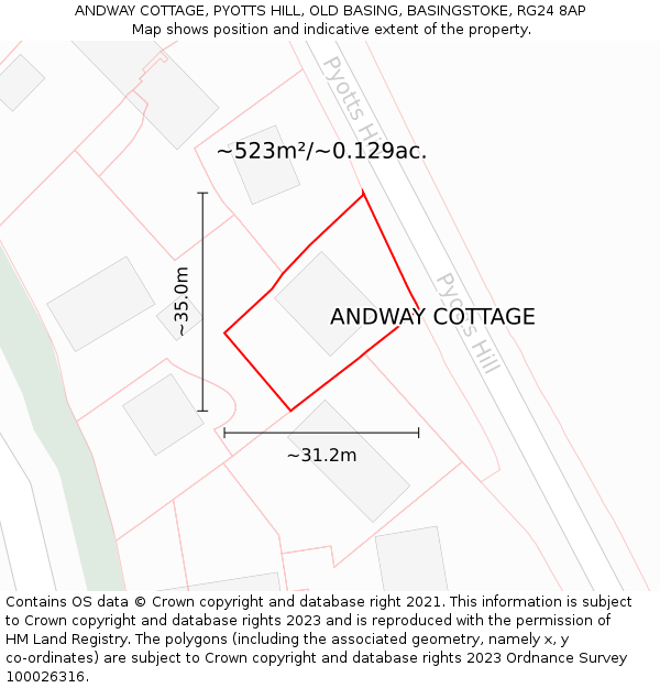 ANDWAY COTTAGE, PYOTTS HILL, OLD BASING, BASINGSTOKE, RG24 8AP: Plot and title map