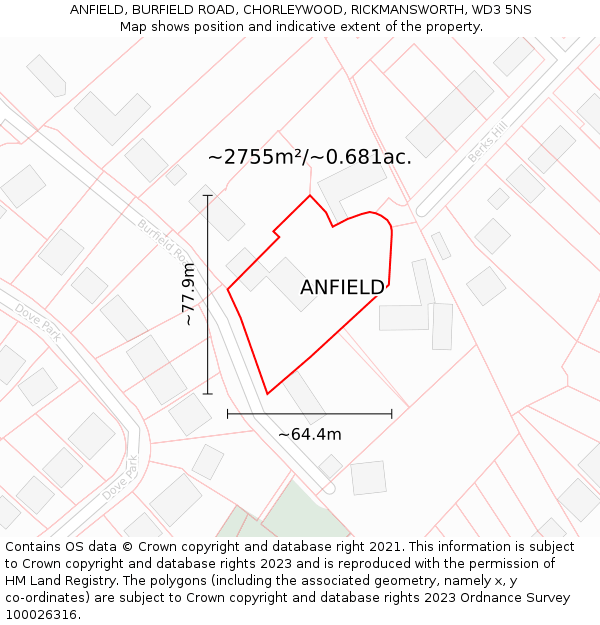 ANFIELD, BURFIELD ROAD, CHORLEYWOOD, RICKMANSWORTH, WD3 5NS: Plot and title map