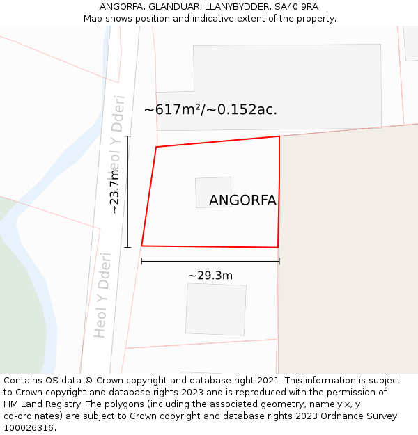 ANGORFA, GLANDUAR, LLANYBYDDER, SA40 9RA: Plot and title map
