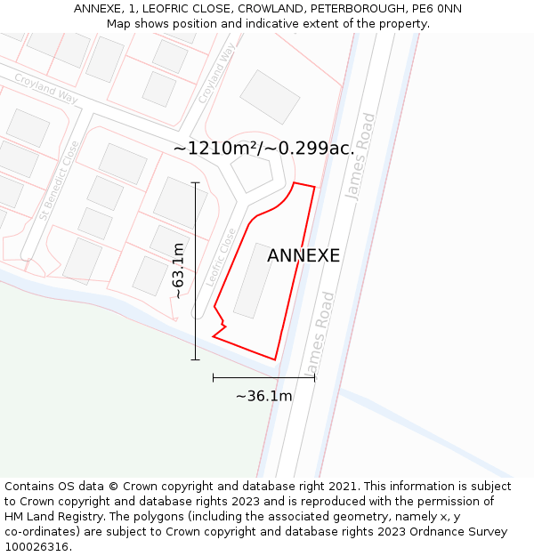 ANNEXE, 1, LEOFRIC CLOSE, CROWLAND, PETERBOROUGH, PE6 0NN: Plot and title map