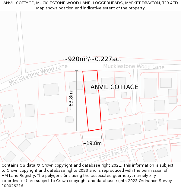 ANVIL COTTAGE, MUCKLESTONE WOOD LANE, LOGGERHEADS, MARKET DRAYTON, TF9 4ED: Plot and title map