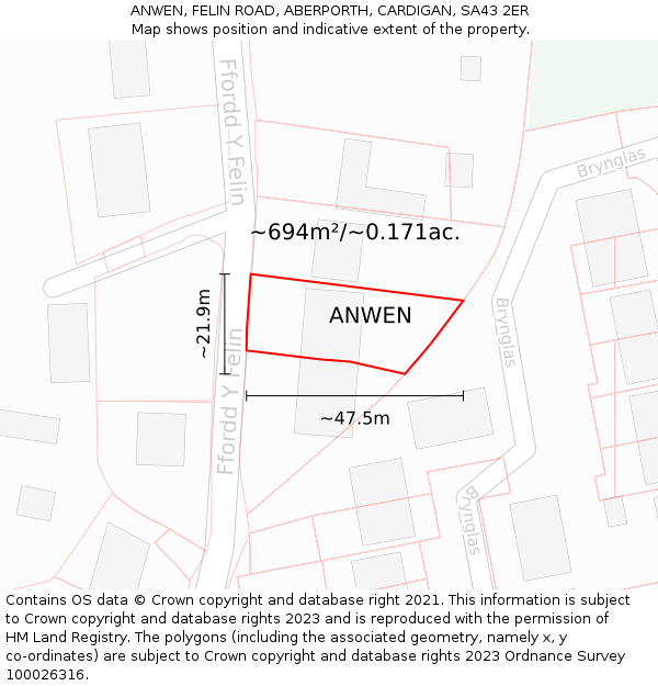 ANWEN, FELIN ROAD, ABERPORTH, CARDIGAN, SA43 2ER: Plot and title map
