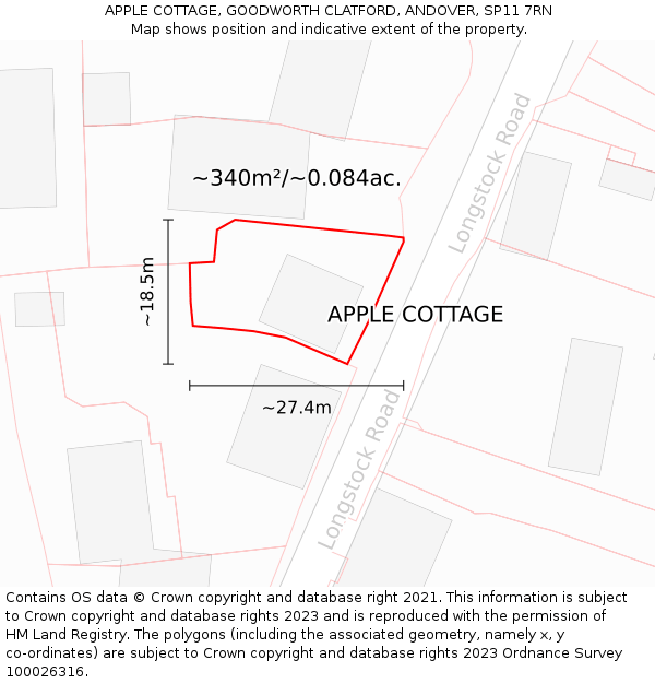 APPLE COTTAGE, GOODWORTH CLATFORD, ANDOVER, SP11 7RN: Plot and title map