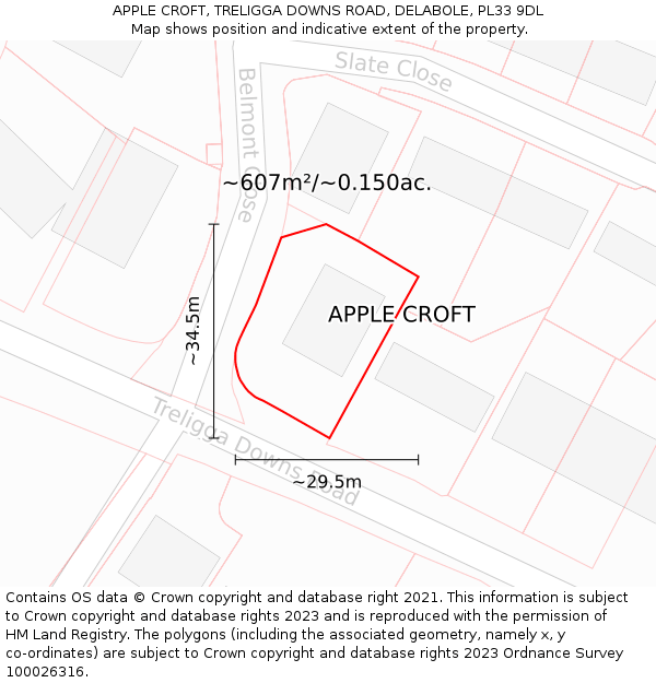 APPLE CROFT, TRELIGGA DOWNS ROAD, DELABOLE, PL33 9DL: Plot and title map