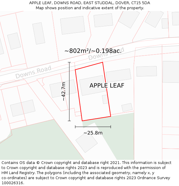 APPLE LEAF, DOWNS ROAD, EAST STUDDAL, DOVER, CT15 5DA: Plot and title map