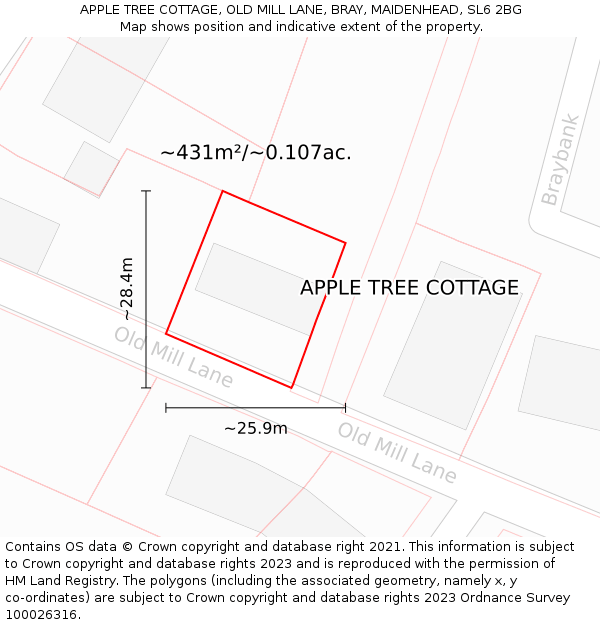 APPLE TREE COTTAGE, OLD MILL LANE, BRAY, MAIDENHEAD, SL6 2BG: Plot and title map
