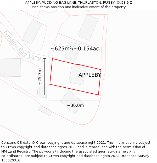 APPLEBY, PUDDING BAG LANE, THURLASTON, RUGBY, CV23 9JZ: Plot and title map