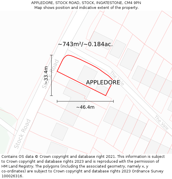 APPLEDORE, STOCK ROAD, STOCK, INGATESTONE, CM4 9PN: Plot and title map