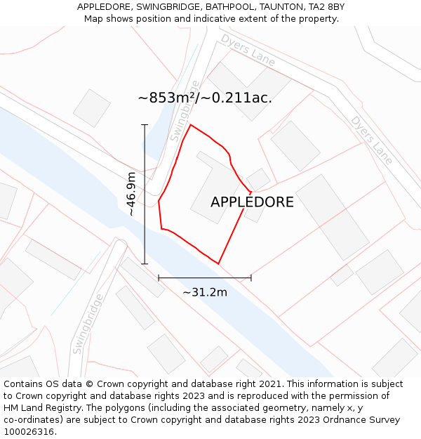 APPLEDORE, SWINGBRIDGE, BATHPOOL, TAUNTON, TA2 8BY: Plot and title map