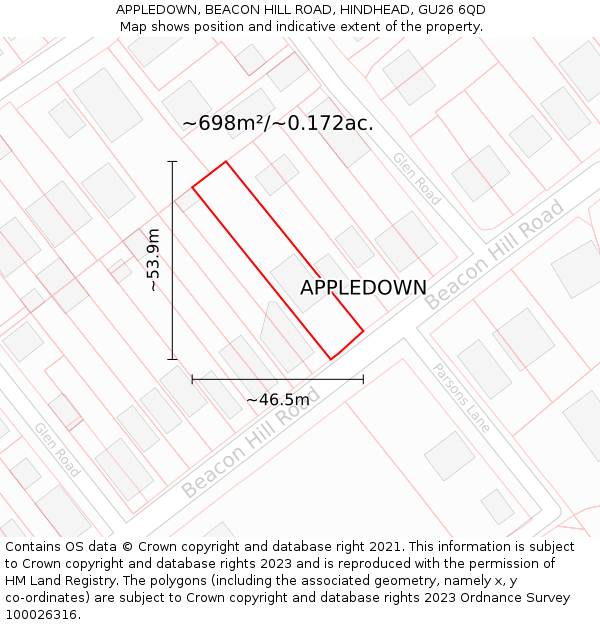 APPLEDOWN, BEACON HILL ROAD, HINDHEAD, GU26 6QD: Plot and title map