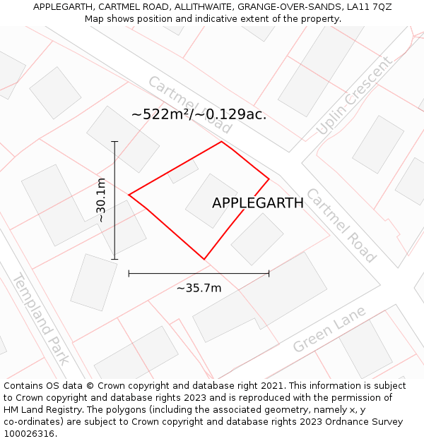 APPLEGARTH, CARTMEL ROAD, ALLITHWAITE, GRANGE-OVER-SANDS, LA11 7QZ: Plot and title map