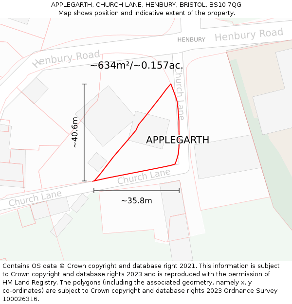 APPLEGARTH, CHURCH LANE, HENBURY, BRISTOL, BS10 7QG: Plot and title map
