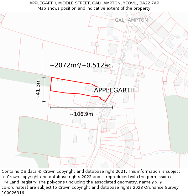 APPLEGARTH, MIDDLE STREET, GALHAMPTON, YEOVIL, BA22 7AP: Plot and title map