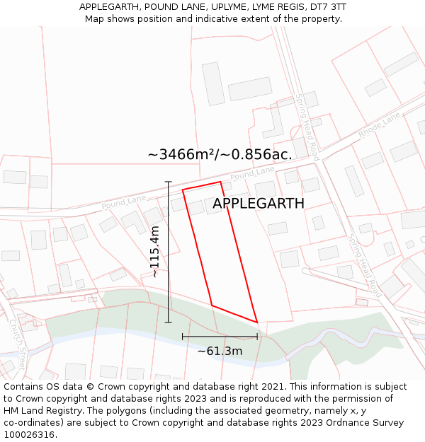 APPLEGARTH, POUND LANE, UPLYME, LYME REGIS, DT7 3TT: Plot and title map