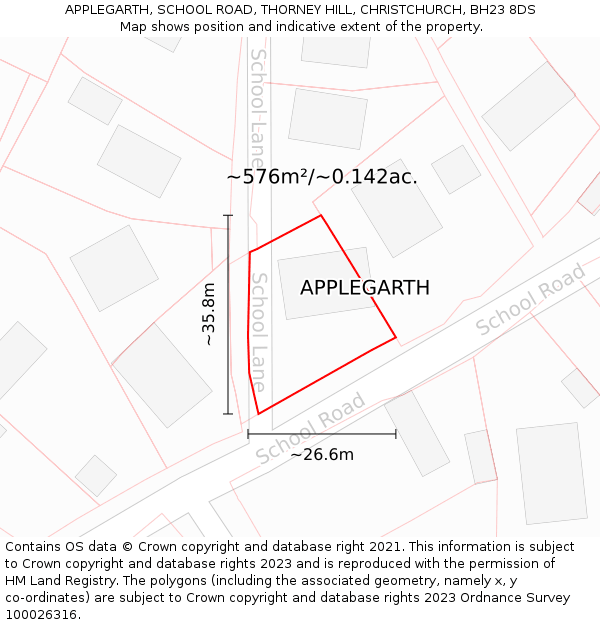 APPLEGARTH, SCHOOL ROAD, THORNEY HILL, CHRISTCHURCH, BH23 8DS: Plot and title map