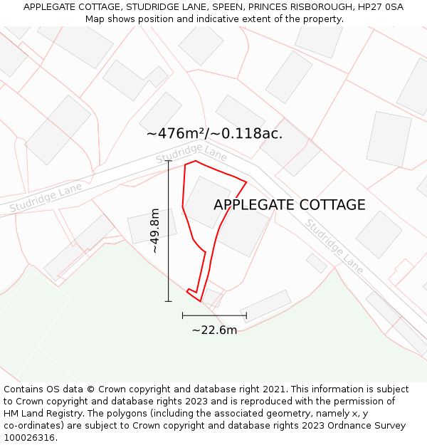 APPLEGATE COTTAGE, STUDRIDGE LANE, SPEEN, PRINCES RISBOROUGH, HP27 0SA: Plot and title map