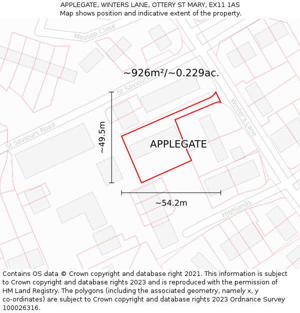 APPLEGATE, WINTERS LANE, OTTERY ST MARY, EX11 1AS: Plot and title map