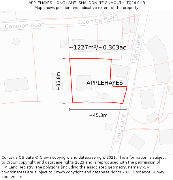 APPLEHAYES, LONG LANE, SHALDON, TEIGNMOUTH, TQ14 0HB: Plot and title map