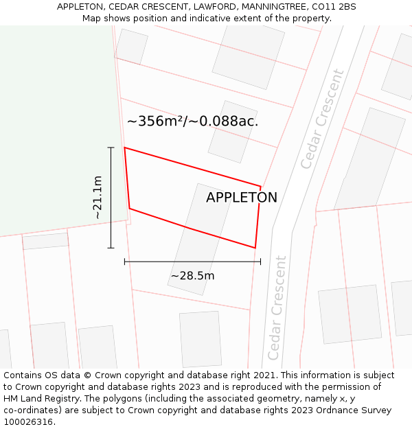 APPLETON, CEDAR CRESCENT, LAWFORD, MANNINGTREE, CO11 2BS: Plot and title map
