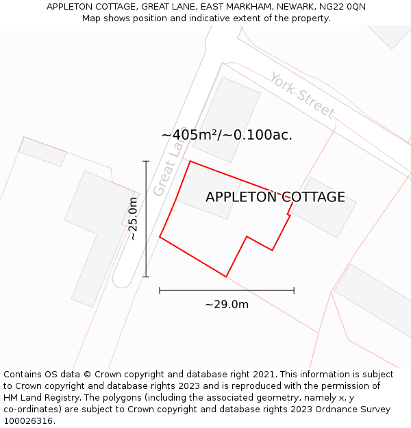 APPLETON COTTAGE, GREAT LANE, EAST MARKHAM, NEWARK, NG22 0QN: Plot and title map