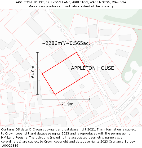 APPLETON HOUSE, 32, LYONS LANE, APPLETON, WARRINGTON, WA4 5NA: Plot and title map