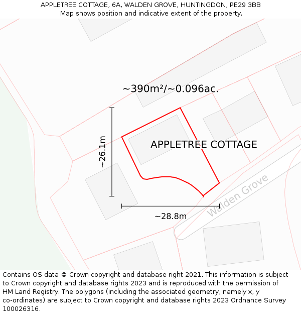 APPLETREE COTTAGE, 6A, WALDEN GROVE, HUNTINGDON, PE29 3BB: Plot and title map