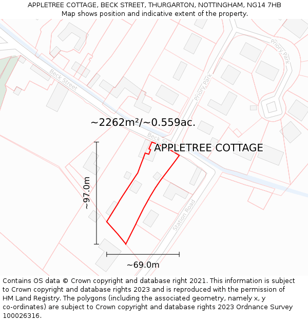 APPLETREE COTTAGE, BECK STREET, THURGARTON, NOTTINGHAM, NG14 7HB: Plot and title map