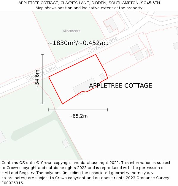 APPLETREE COTTAGE, CLAYPITS LANE, DIBDEN, SOUTHAMPTON, SO45 5TN: Plot and title map