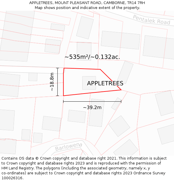 APPLETREES, MOUNT PLEASANT ROAD, CAMBORNE, TR14 7RH: Plot and title map