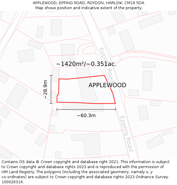 APPLEWOOD, EPPING ROAD, ROYDON, HARLOW, CM19 5DA: Plot and title map