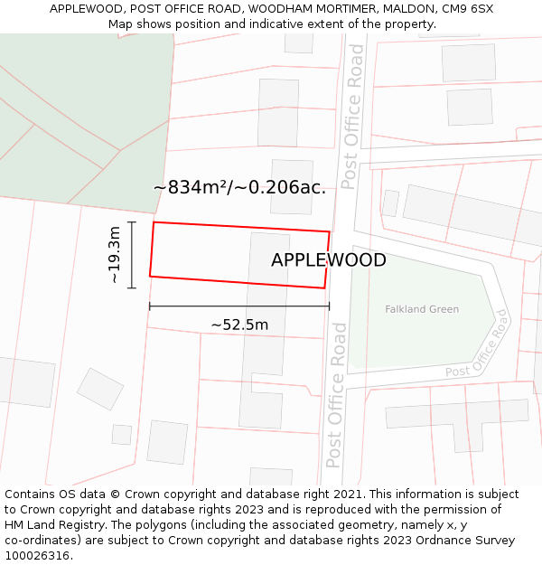 APPLEWOOD, POST OFFICE ROAD, WOODHAM MORTIMER, MALDON, CM9 6SX: Plot and title map