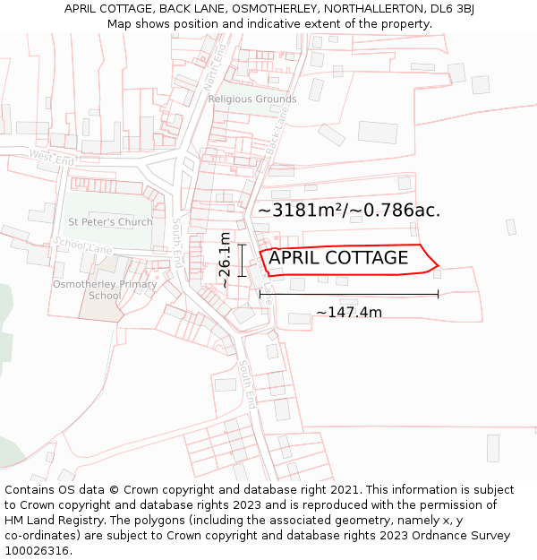 APRIL COTTAGE, BACK LANE, OSMOTHERLEY, NORTHALLERTON, DL6 3BJ: Plot and title map