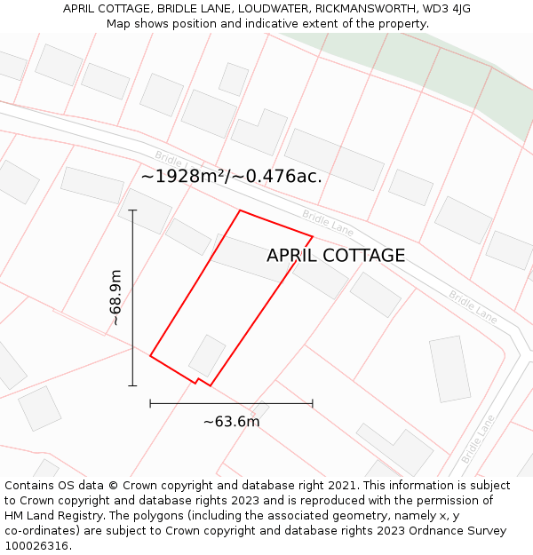 APRIL COTTAGE, BRIDLE LANE, LOUDWATER, RICKMANSWORTH, WD3 4JG: Plot and title map