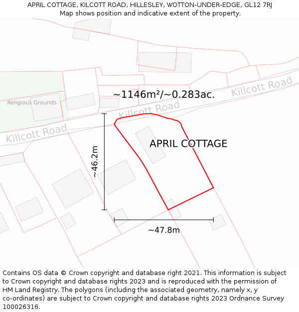 APRIL COTTAGE, KILCOTT ROAD, HILLESLEY, WOTTON-UNDER-EDGE, GL12 7RJ: Plot and title map