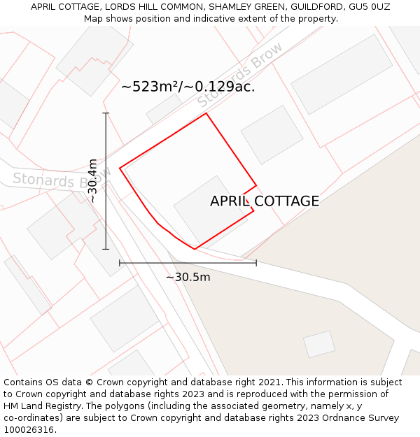 APRIL COTTAGE, LORDS HILL COMMON, SHAMLEY GREEN, GUILDFORD, GU5 0UZ: Plot and title map