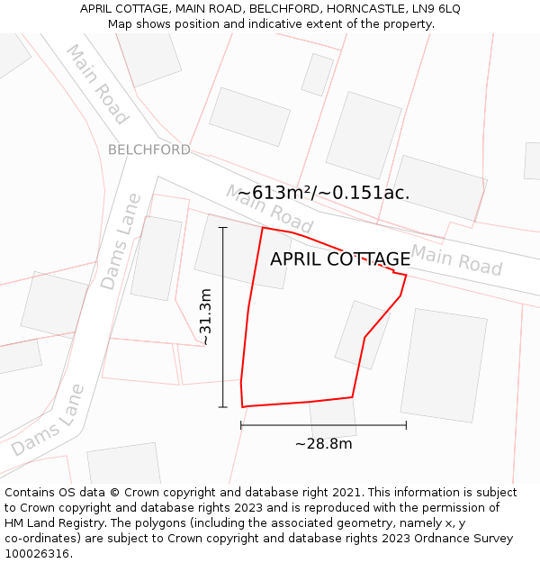 APRIL COTTAGE, MAIN ROAD, BELCHFORD, HORNCASTLE, LN9 6LQ: Plot and title map