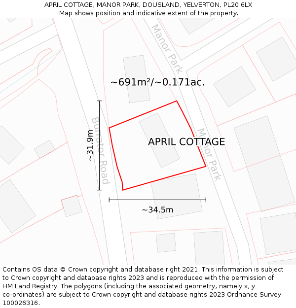 APRIL COTTAGE, MANOR PARK, DOUSLAND, YELVERTON, PL20 6LX: Plot and title map