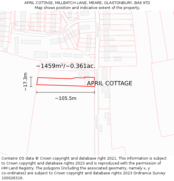 APRIL COTTAGE, MILLBATCH LANE, MEARE, GLASTONBURY, BA6 9TD: Plot and title map