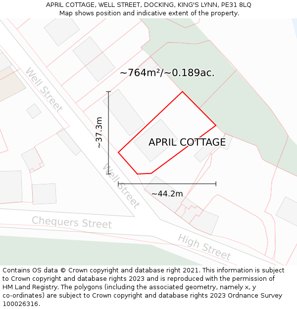 APRIL COTTAGE, WELL STREET, DOCKING, KING'S LYNN, PE31 8LQ: Plot and title map