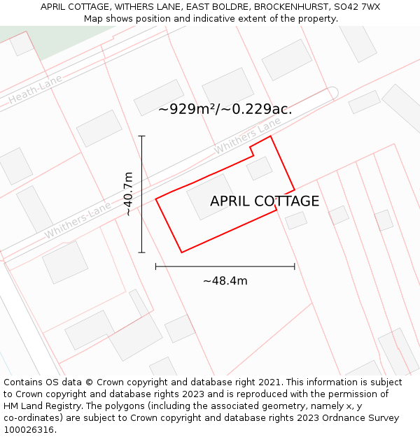 APRIL COTTAGE, WITHERS LANE, EAST BOLDRE, BROCKENHURST, SO42 7WX: Plot and title map